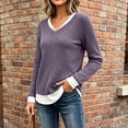 thumbnail image 4 of Women's Casual 2 in 1 Pullover Long Sleeve Layered Shirts V Neck Solid Color Blouse Fall Fashion Outfits, 4 of 9