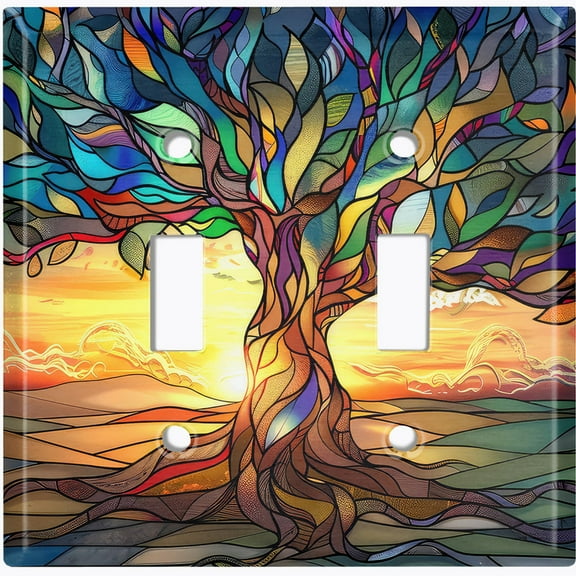 Metal Light Switch Wall Plate Outlet Cover (Stained Glass Tree and Sunset - Double Toggle)