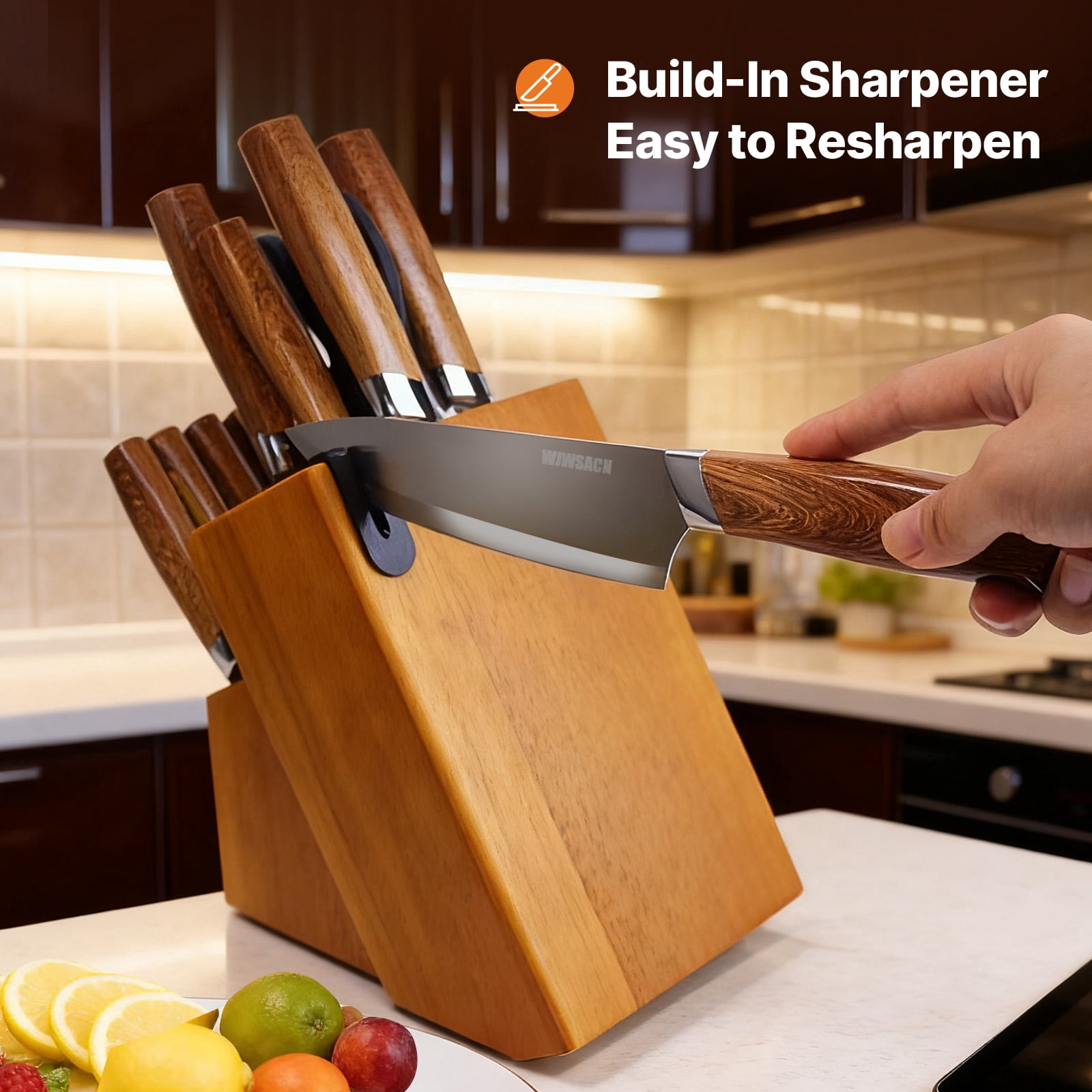 Knife Set, 14pcs Kitchen Knives Set with Block and Sharpener, Stainless Steel Ultra Sharp Knife Block Set, Dishwasher Safe, Non-Slip Handles, Brown, Mothers Day Gifts