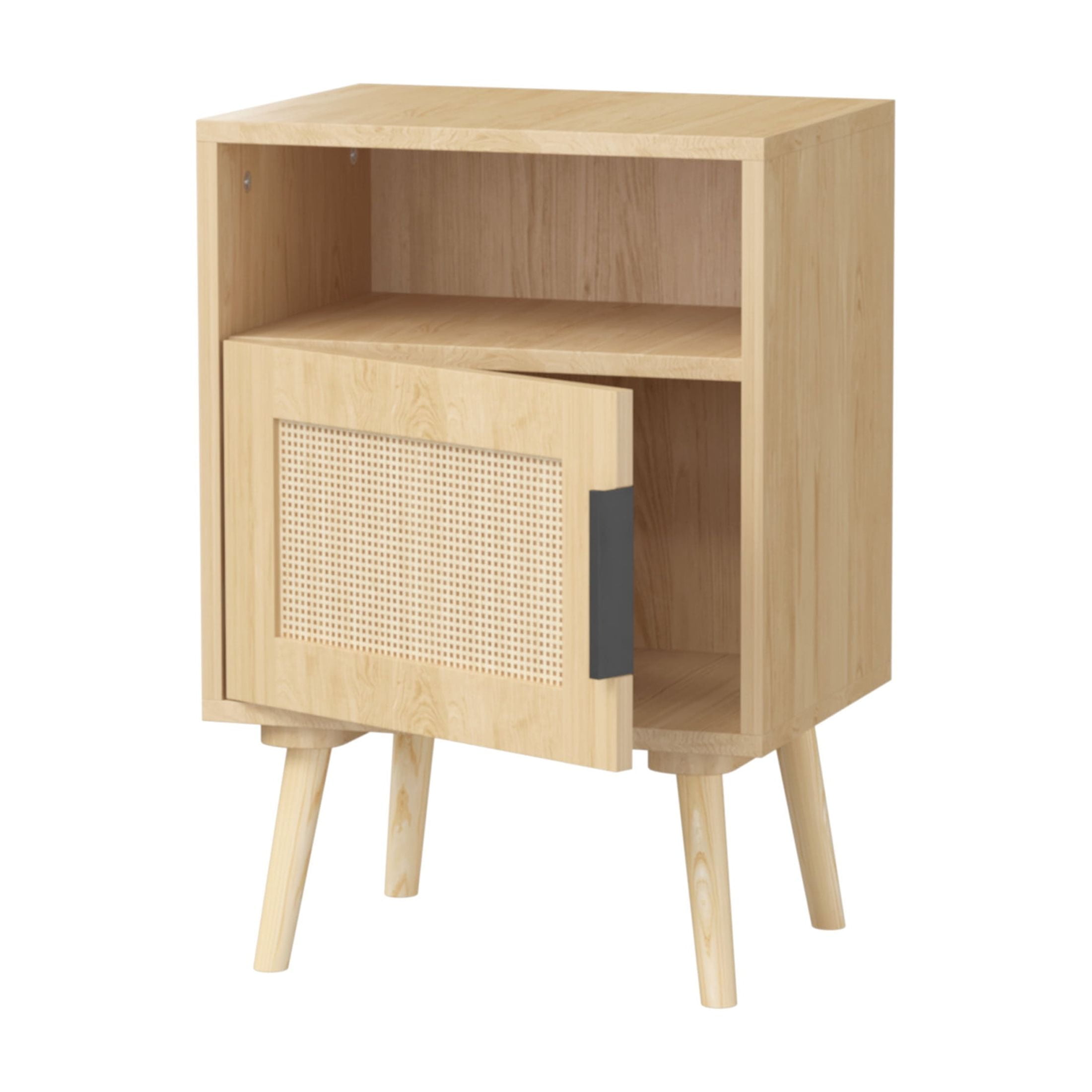 Noble House Samantha 22.8" Rattan Nightstand, Wood Accent Bedside Table with Door and Open Shelf, Oak