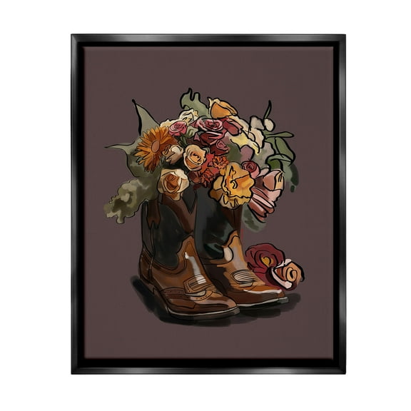 Stupell Industries Modern Floral Boot Bouquet Botanical & Floral Painting Black Floater Framed Canvas Art Print Wall Art, 17 x 21