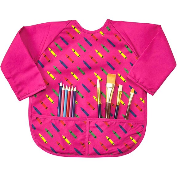 Abstract Kids Art Smock Apron - Red Crayon Long Sleeve Waterproof Bib for Painting, Feeding and More - 2 Pockets - Microfiber with Vinyl Lining - Extra Small
