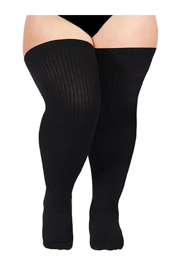 Plus Size Thigh High Socks for Thick Thighs Women Knit Cotton Extra Long Over the Knee Stockings Leg Warmer (Black)