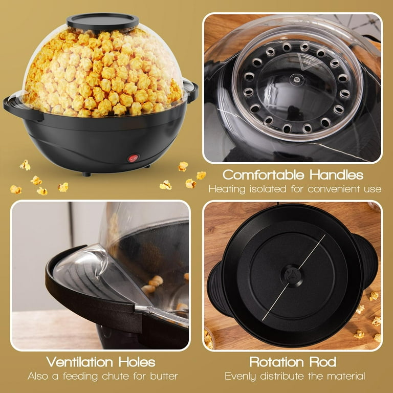 Popcorn Machine, 6-Quart Popcorn Popper maker, Nonstick Plate, Electric  Stirring with Quick-Heat Technology, Cool Touch Handles (Black)