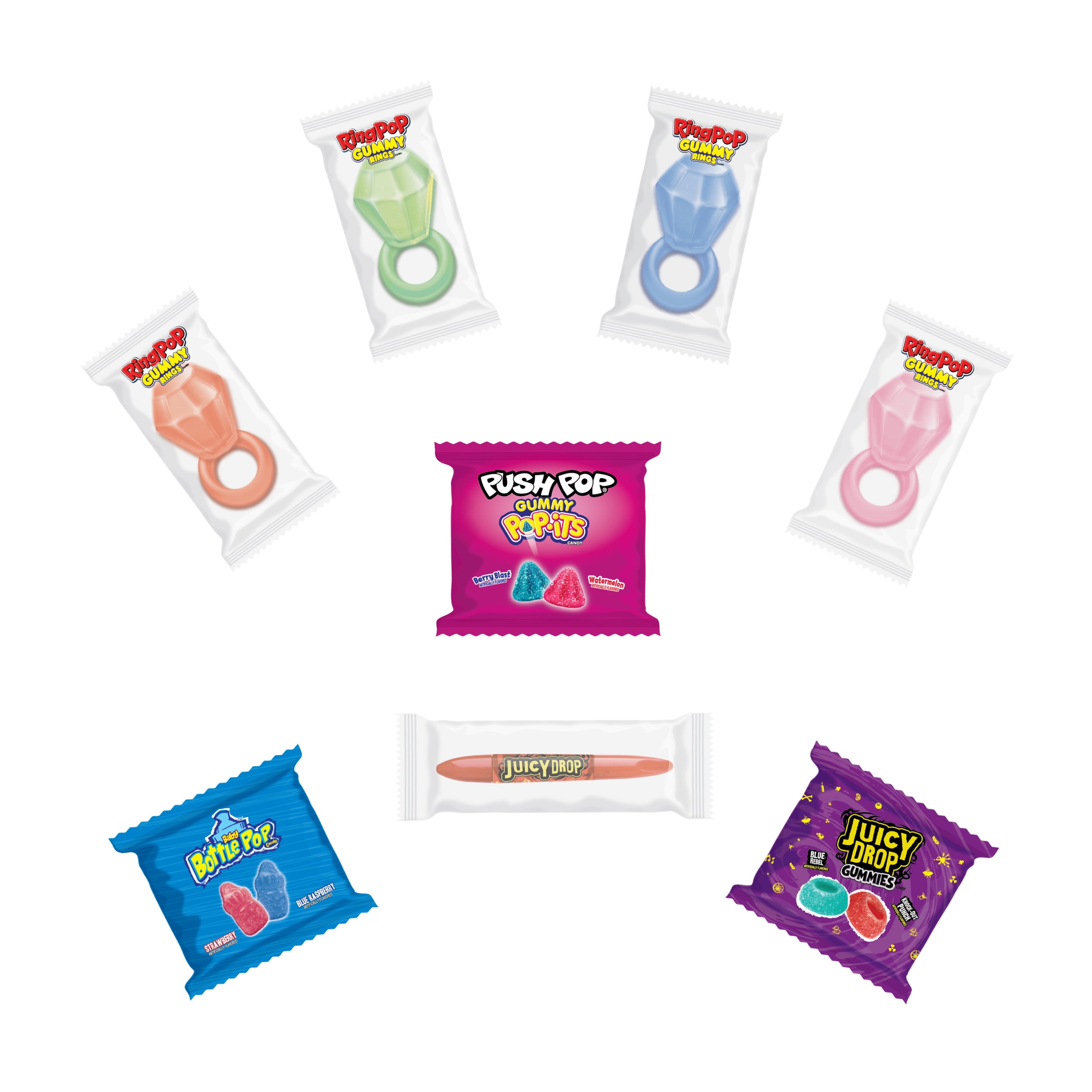 (4 pack) Ring Pop, Baby Bottle Pop, Push Pop, Juicy Drop Pop, Fruit Flavored, Gummy Candy, 24.2 oz, 52 Count Bag