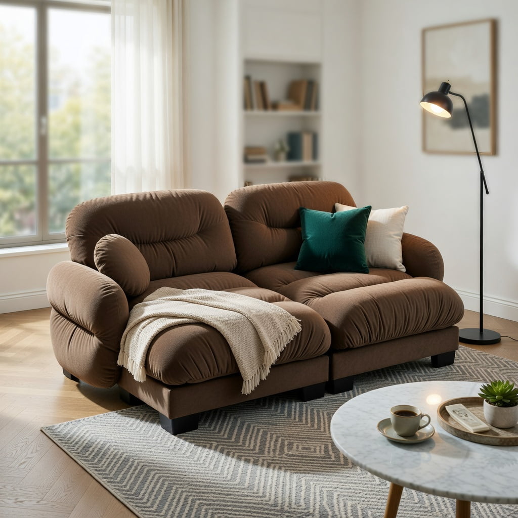 Hommoo Chenille 2-Seater L-Shaped Modular Sectional Sofa with Ergonomic Foam, Curved Armrests, 2 Ottomans & 2 Throw Pillows, Pleated Back Design, Brown