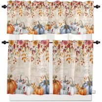 Blue Pumpkin Kitchen Curtains, Thanksgiving Fall Eucalyptus Leaves Beige 3-Piece Kitchen Curtain Valance and Tiers Set 24 Inch Length, Rod Pocket Half Window Curtains for Cafe Living Room Bathroom