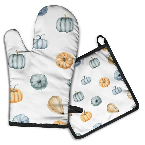 Fall Pumpkins Kitchen Oven Mitt and Pot Holder Sets 2 Pcs for Baking, Cooking and Grilling, Heat Resistant Up To 392 °F