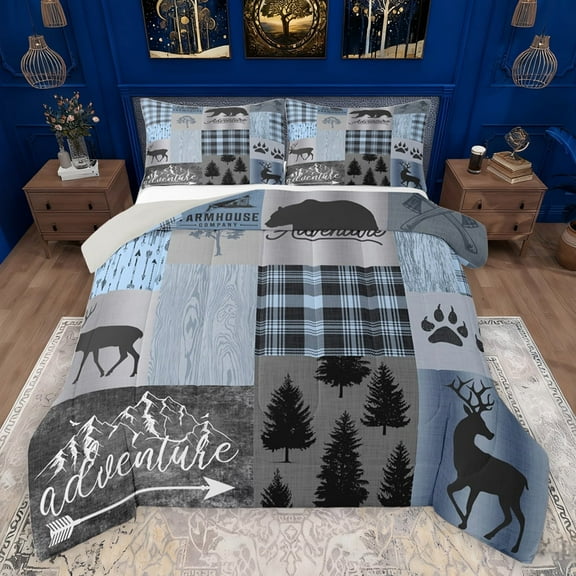 jejeloiu Outdoor Adventure Bedding Comforter Set,Jungle Animal Deer Bear Twin Comforter Sets,Rustic Western Farmhouse Bedding Set For Men Women,Microfiber Bedroom Decor Reversible,2pcs