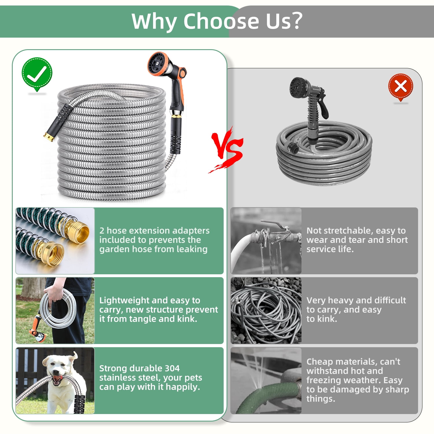 100ft Garden Hose, 304 Stainless Steel Metal Water Hose with 10-Mode Nozzle Sprayer & 6 Extra Rubber Washers, Durable Outdoor Hose for Lawn Watering, Yard, Patio