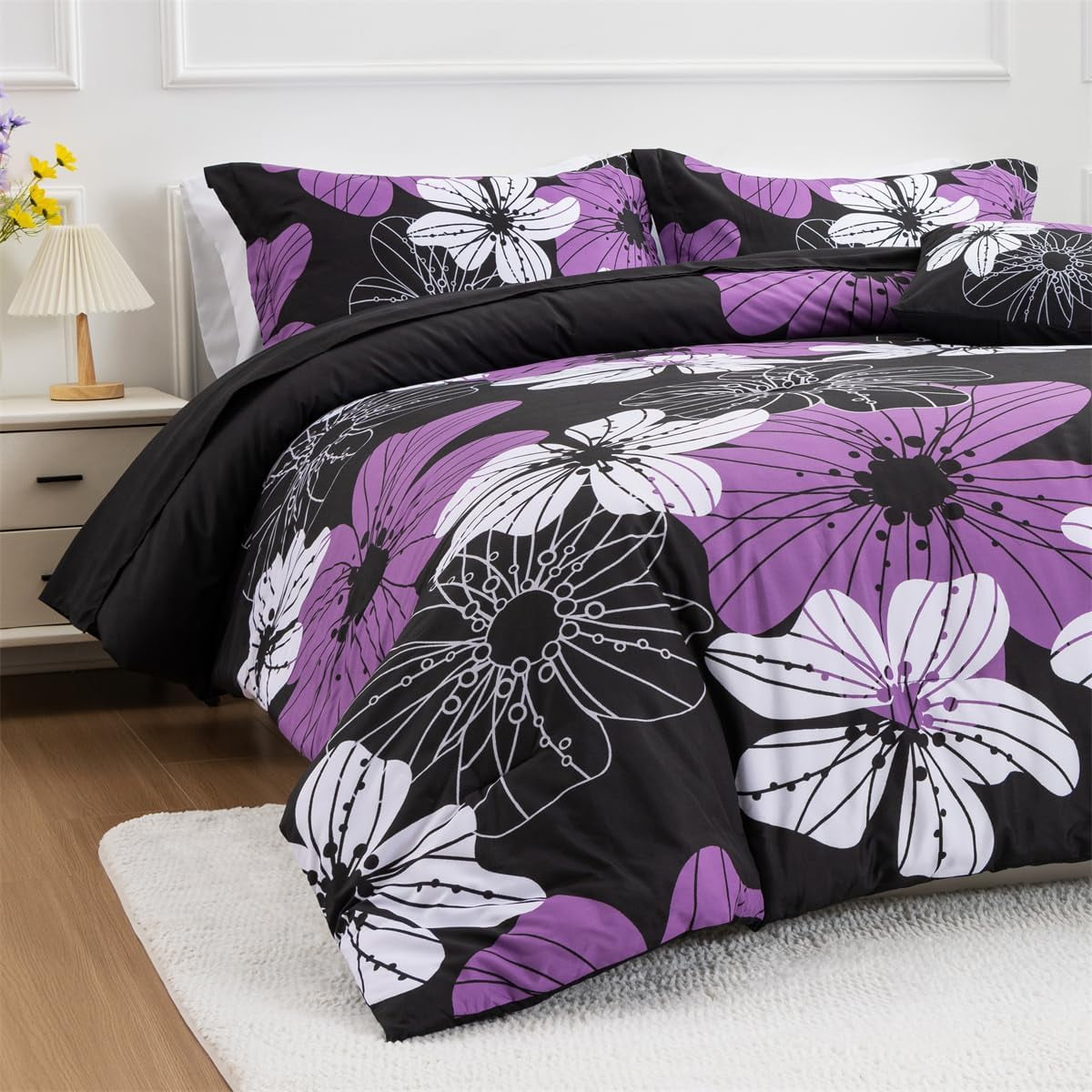 NTBED Floral Comforter Set Queen 6 PCS Bed in a Bag Purple Flowers Printed on Black Botanical Bedding Sets Boho