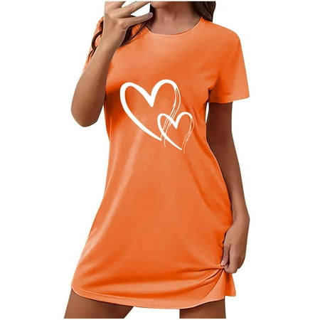 biudgviw Valentines Day Women s Nightgown Heart Print Sleep Shirt Casual Loose Short Sleeve Nightdress Soft Crewneck Sleepwear S-XXL