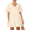thumbnail image 3 of FANCYINN Womens Cute Shift Dress Short Bell Sleeve Ruffle Hem V Neck Loose Swing Tunic Mini Dress with Pockets Beige XS, 3 of 6