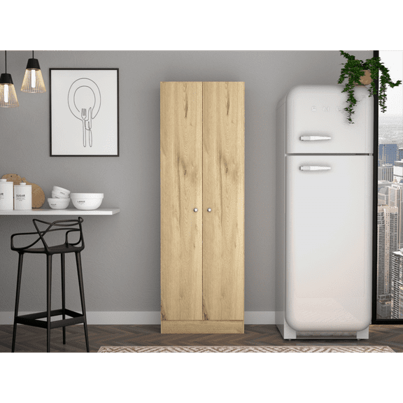 Kitchen Island Furniture Multistorage Cabinet 71" H, Two Doors, Five Internal Shelves, Light Oak / Black,Dining Kitchen Carts