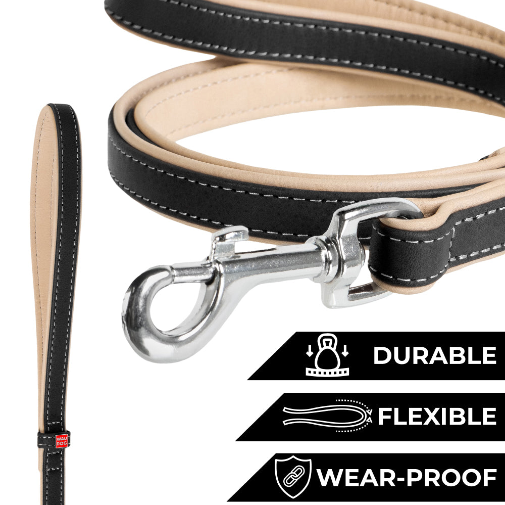 WAUDOG Heavenly Soft Leather Dog Leash | Special Design Leather Leash for Training & Walking Cute Small, Medium Large Dogs | Strong Climbers Clip, Perfect for Puppy, Small Boy & Girl Dogs - Black