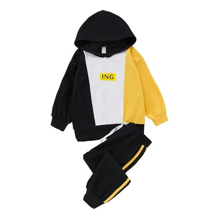 

4T Toddler Boy Fall-Winter Outfits Pants Sets 5T Toddler Boy Long Sleeve Hooded Tops Elastic Pants 2PCS Set Yellow