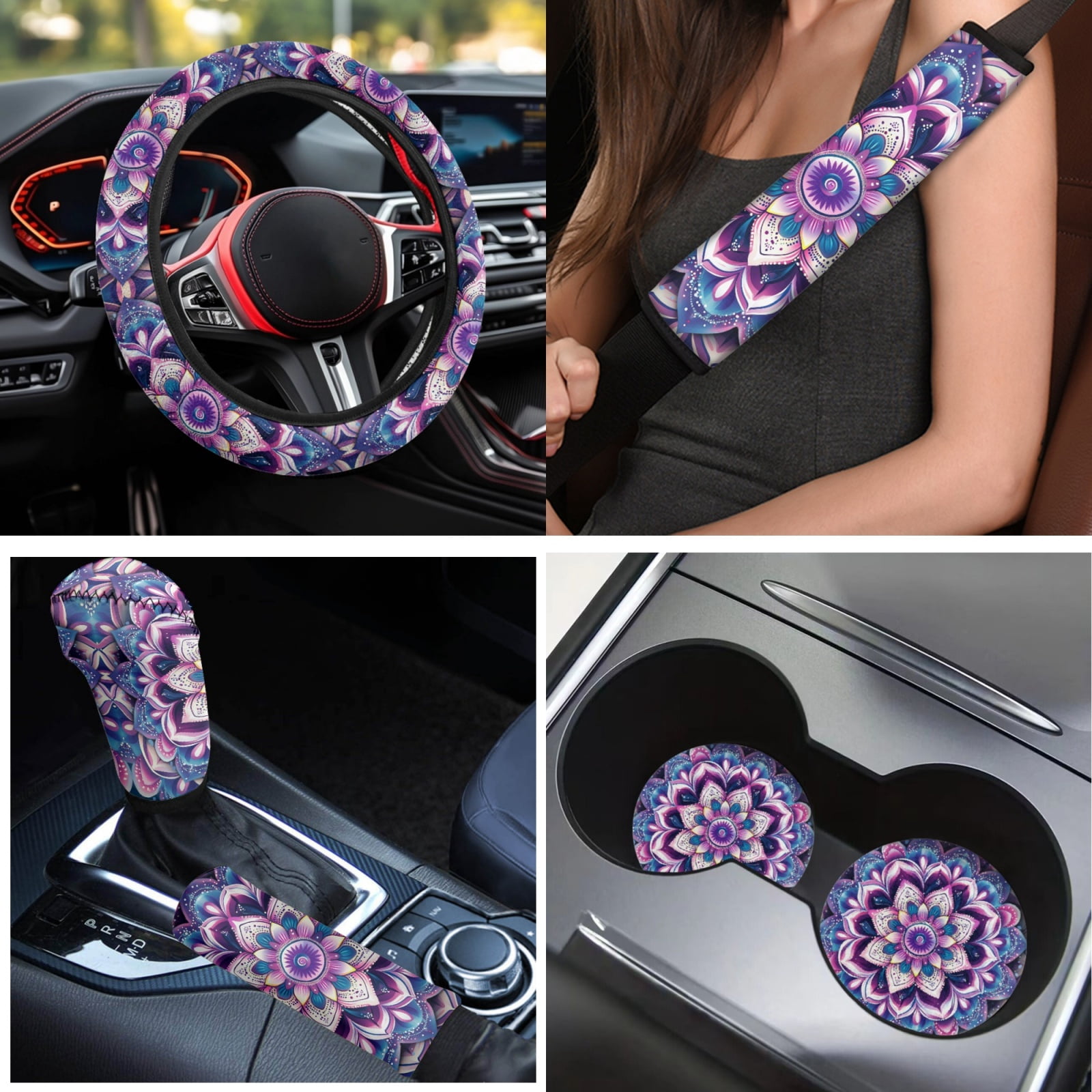Yuyamidu 15 Pack Boho Flower Blossom Car Seat Cover Set with Carpet Mats Purple Steering Wheel Cover Seat Belt Strap Cover Coaster Gear Shift Knob Cover Set Fit SUV Sedan