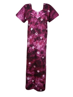 Mogul Women Dark Pink Tie Dye Maxi Caftan Nightgown Cap Sleeves Front Zip Sleepwear Housedress Maternity Loose Nightwear Dresses L