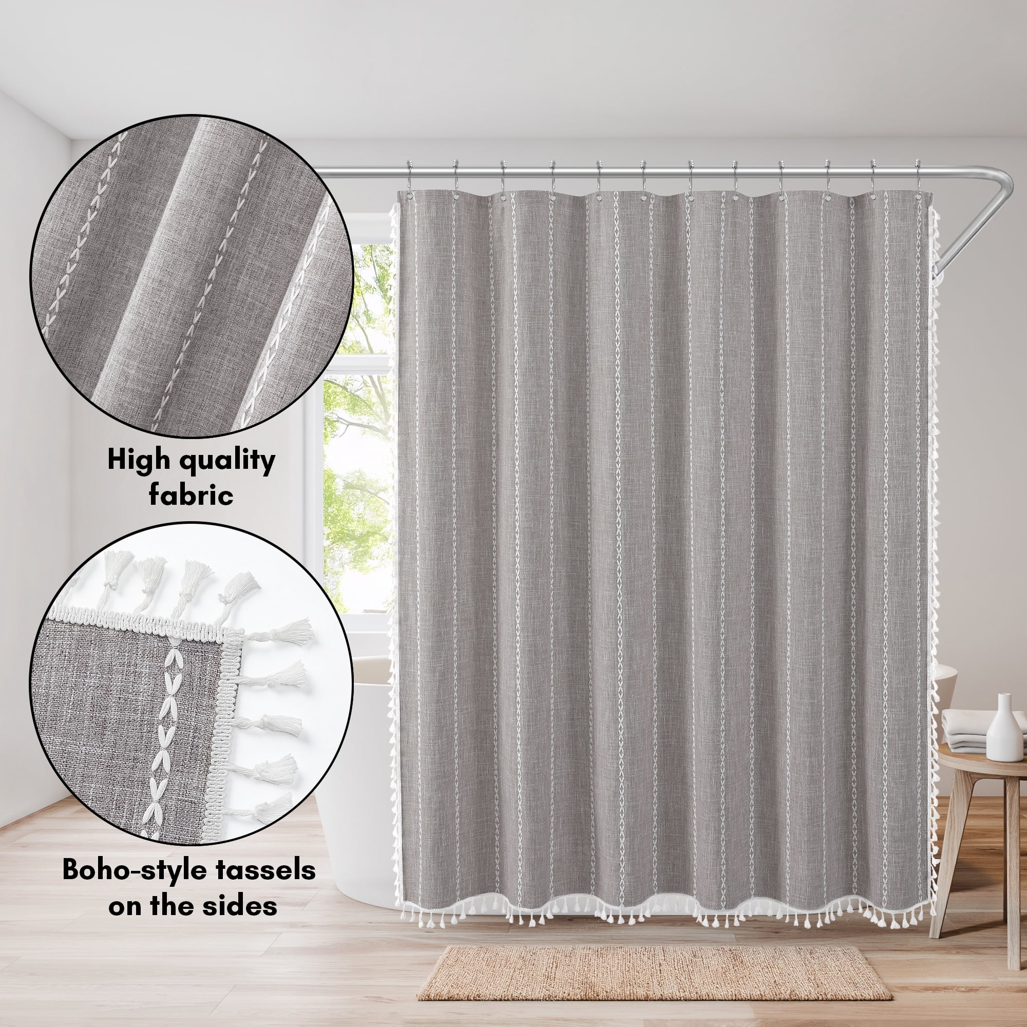Americanflat 71x71 Woven Linen Gray Shower Curtain with Tassel Accents - Includes 12 Grommets and Hooks - 100% Polyester