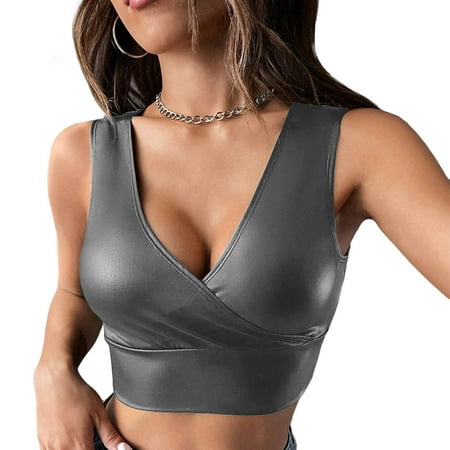 Sexy PU Faux Leather V-Neck Cropped Top Womens Lingerie Fashion High Street Sleeveless Vest Tank Tops Camis