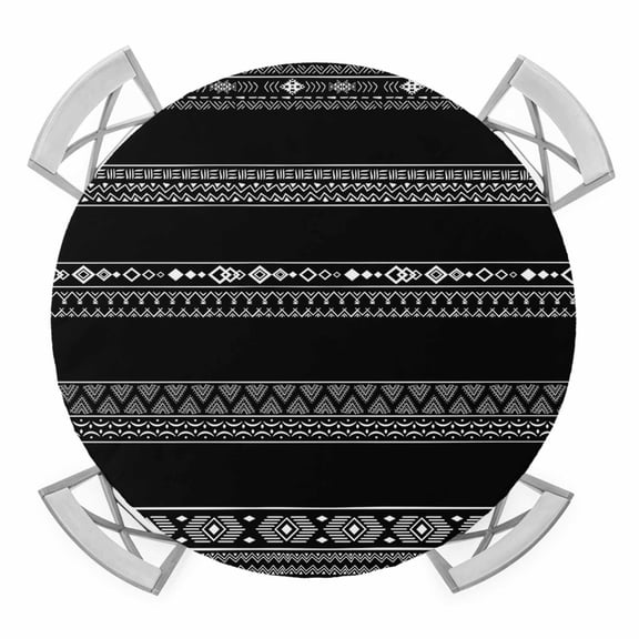 Black White Geometric Round Tablecloth for 55-60 Inch Tables,Fitted Table Cover with Elastic Edge,Modern Striped Plaid Abstract Art Waterproof Outdoor Table Cloth Protector for Patio Garden Dinner