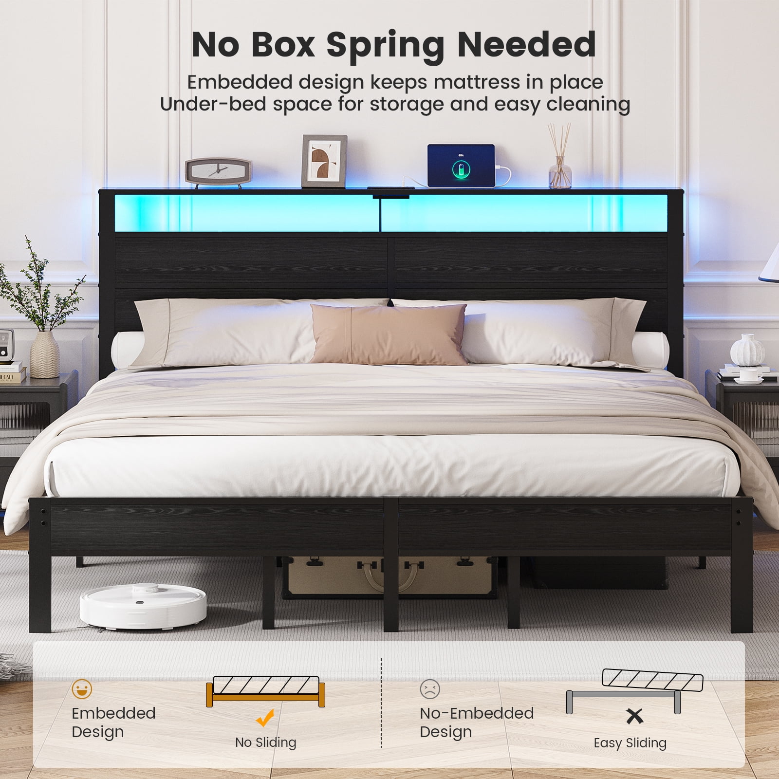 Kbun King Size Platform Bed Frame with Wood Headboard, Metal Bed Frame with LED Light, Heavy Duty Steel Slat Supported Full Bed Frames, No Box Spring Needed, Black