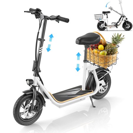 COBIZI 350W Electric Scooter for Adults, 20MPH&12 Miles Max Range, Detachable Large Basket, 12 inch Commuter E Scooter with Seat, White