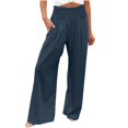 thumbnail image 2 of Women's Casual Pants High Waist Wide Leg Palazzo Pants For Women Smocked Elastic Waist Loose Comfy Casual Pajama Pants Pockets,Blue Women's Casual Pants XL, 2 of 7