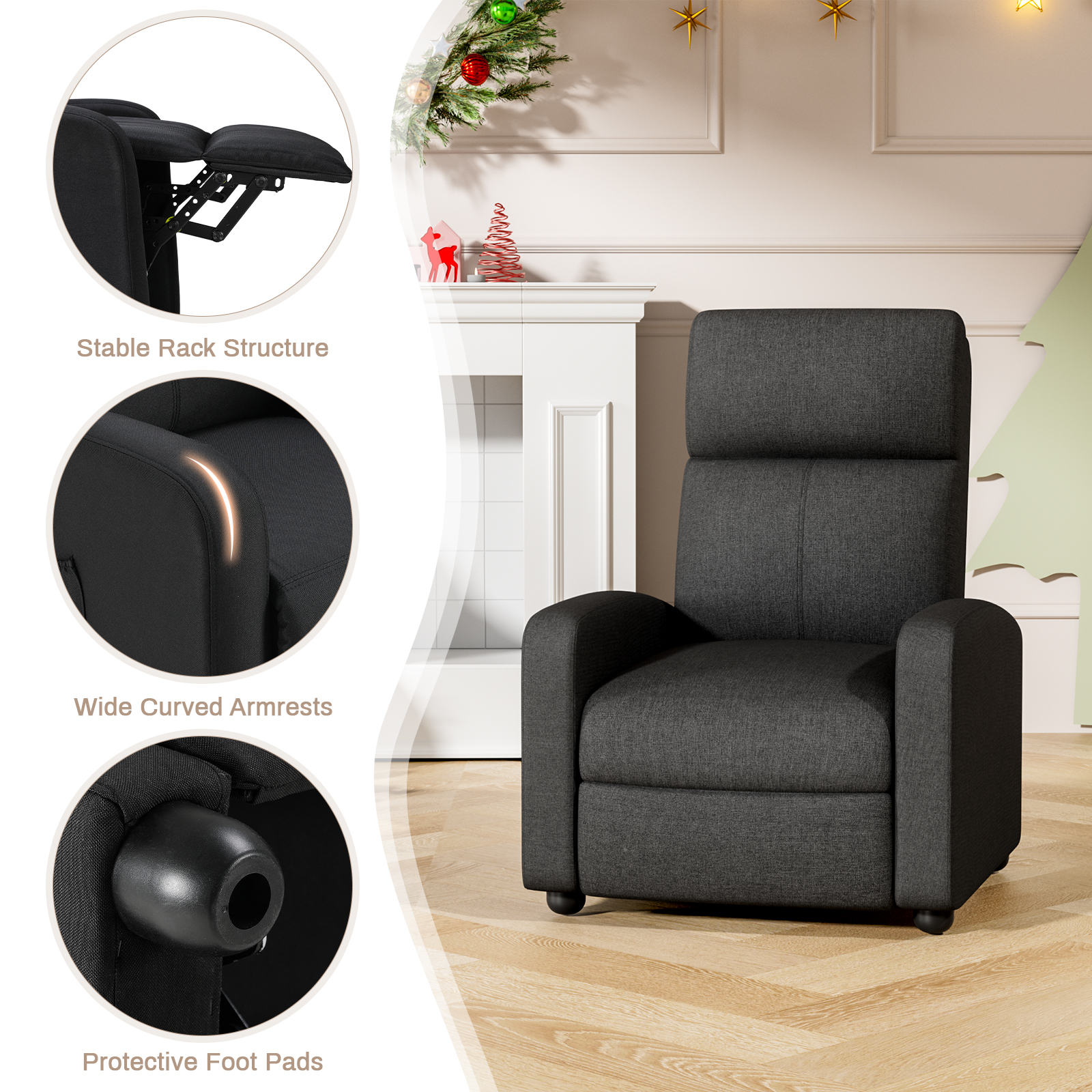 Arlopu Fabric Recliner Chair, Single Reclining Chair Home Theater Seating with Side Pocket, Adjustable Backrest and Footrest, Ergonomic Lounge Chair for Living Room, Black