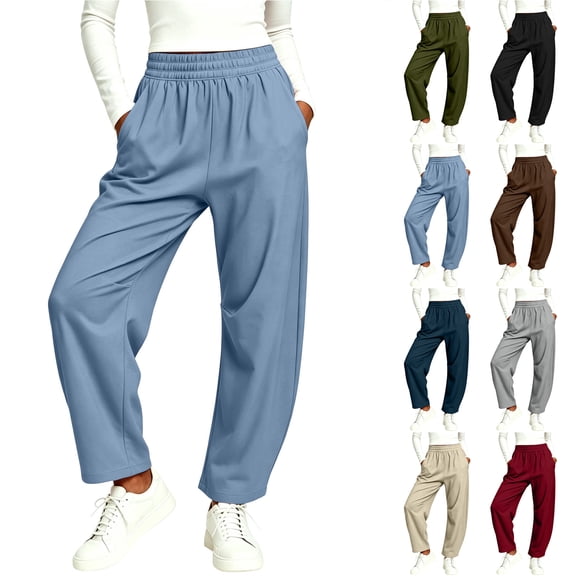 Bloomae Barrel Pants Women Lightweight Quick Dry Baggy Wide Leg Elastic Waisted Basic Solid Color Athletic Sweatpants Loose Comfy Lounge Palazzo Trousers with Pockets