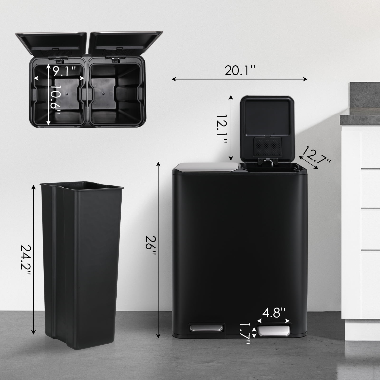 TLSUNNY 16 Gal Double Step Trash Can, Dual Compartment Recycling Bin with Odor Control Box, for Office/Home/Kitchen