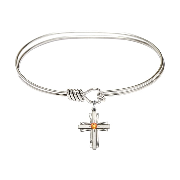 7 inch Oval Eye Hook Bangle Bracelet w/ Cross medal charm w/ November Yellow Swarovski Crystal