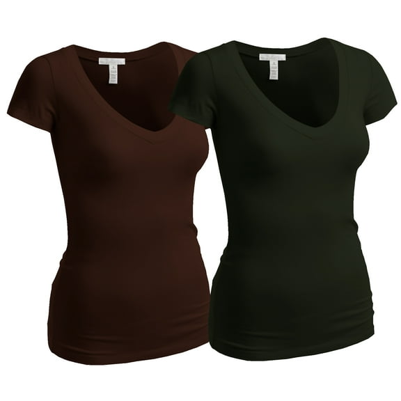 Essential Basic Women's Plain Short Sleeve V Neck T Shirts - 2Pk - Olive, Brown, L