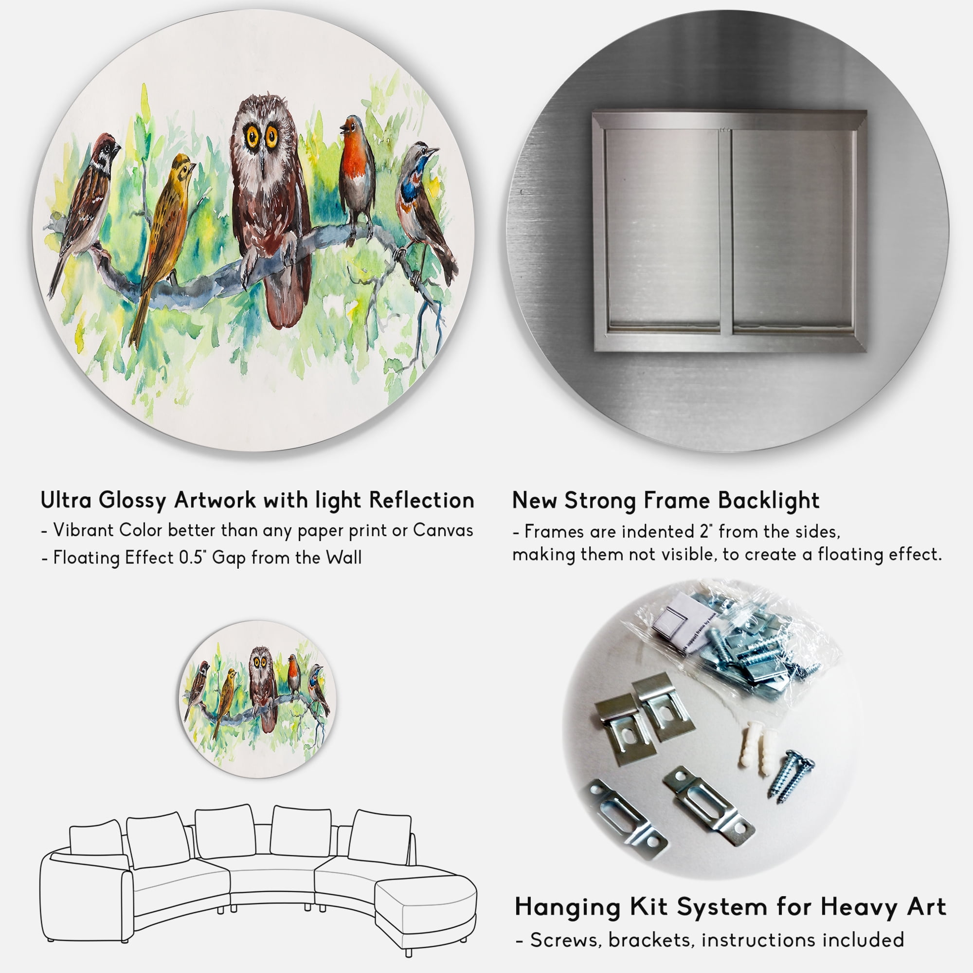 Designart 'Bird Friends With Owl On A Branch' Traditional Circle Metal Wall Art 29x29 - Disc of 29