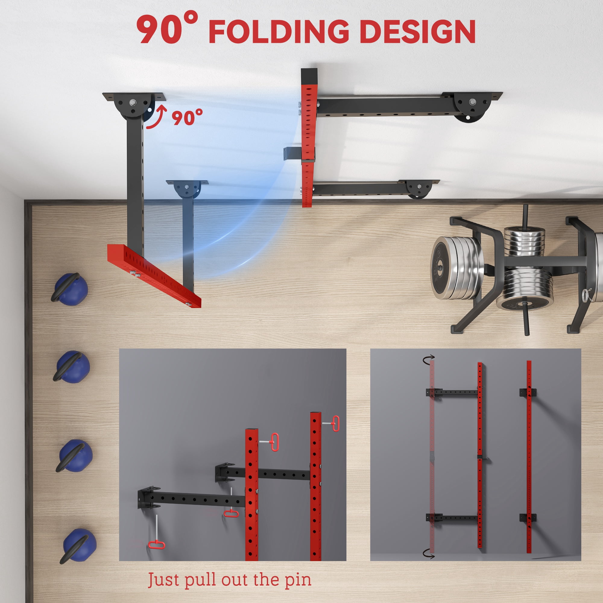 Soozier Folding Squat Rack with Pull Up Bar, Wall Mounted, 1000 Pounds Capacity Power Rack, Red