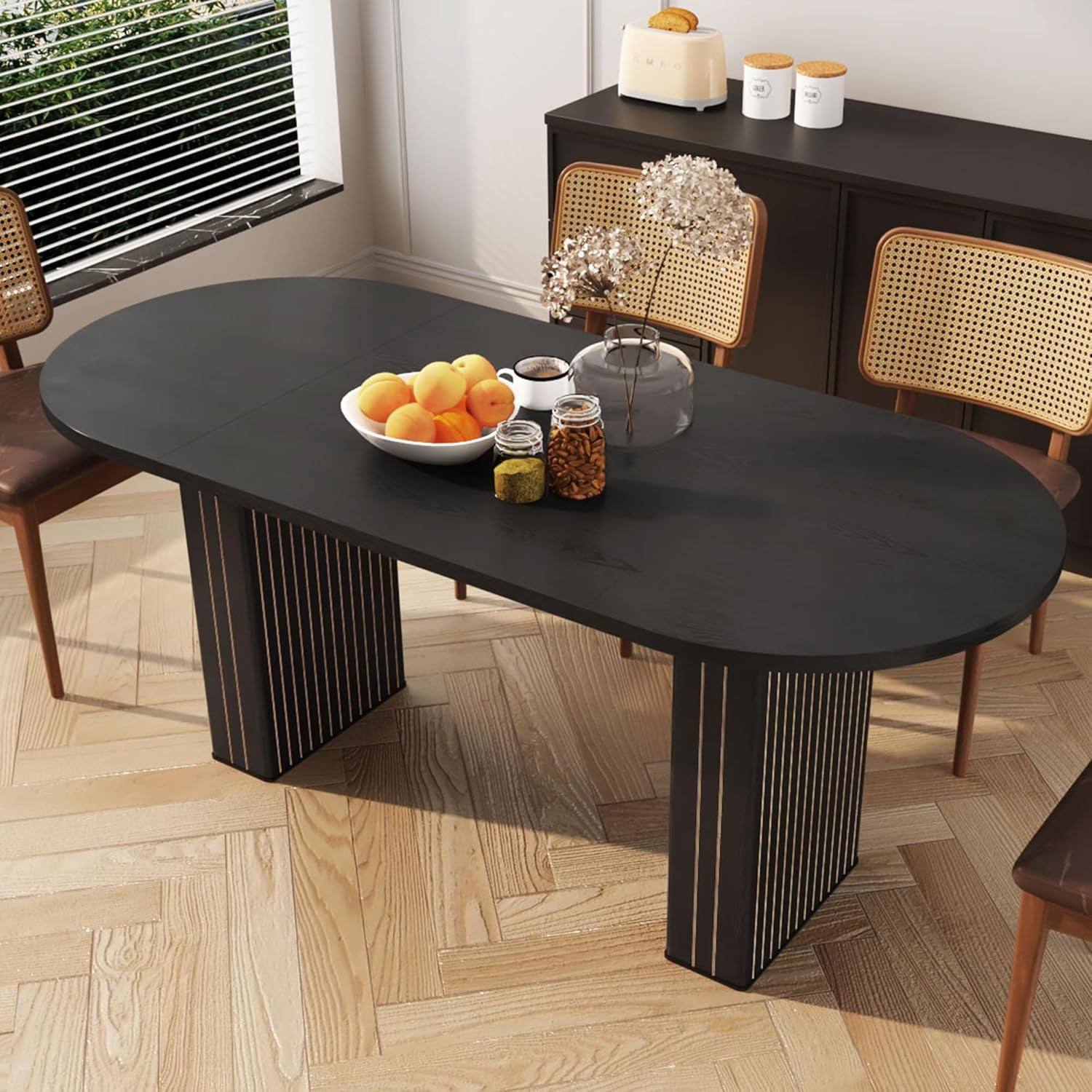 70.8 Inch Dining Table for Rustic Farmhouse, Oval Kitchen Dining Room Table with Wooden Base for Meeting Room Reception Room (Black)