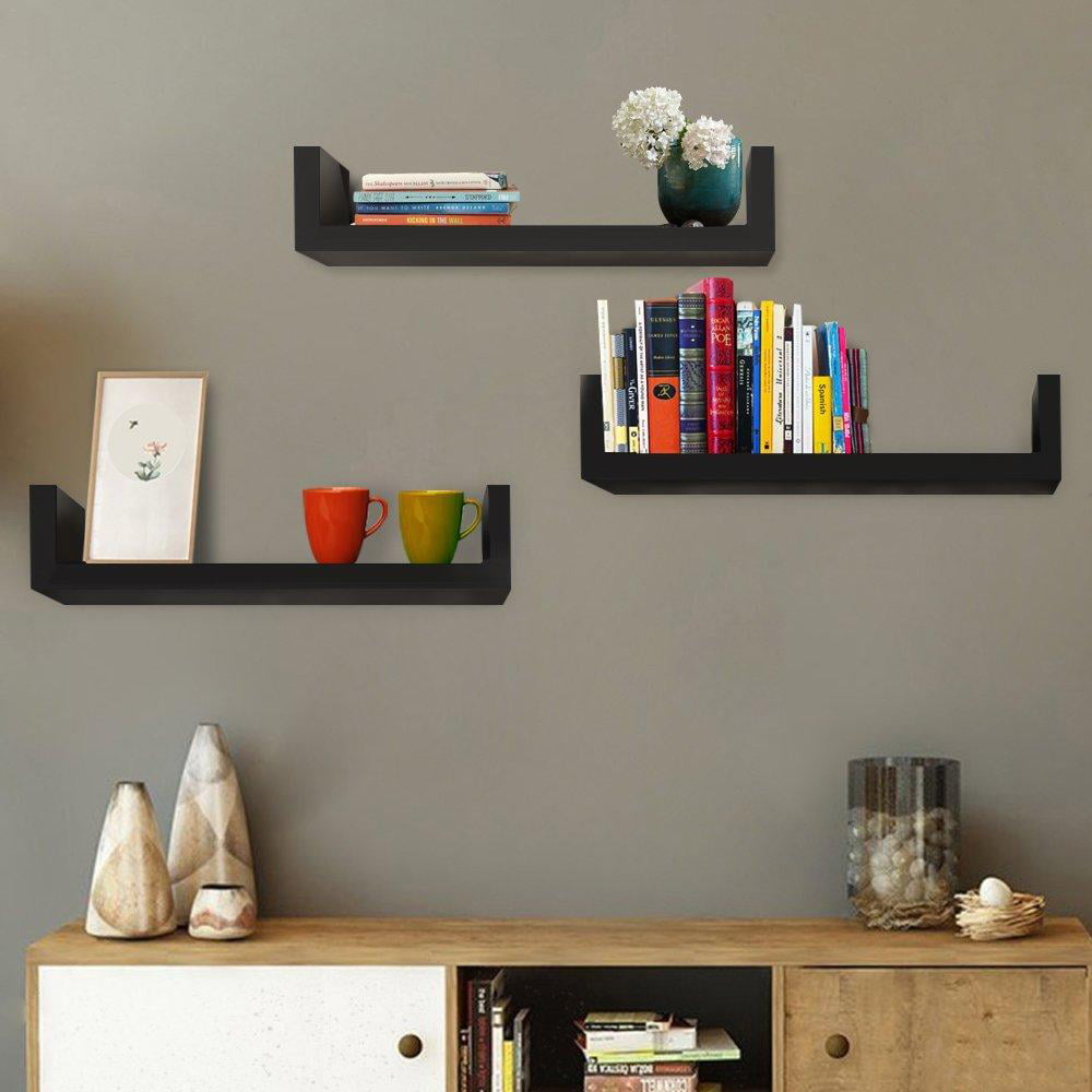 New Wall Mount Shelf Set 4 Floating Display Home Decor Black Shelves Furniture 