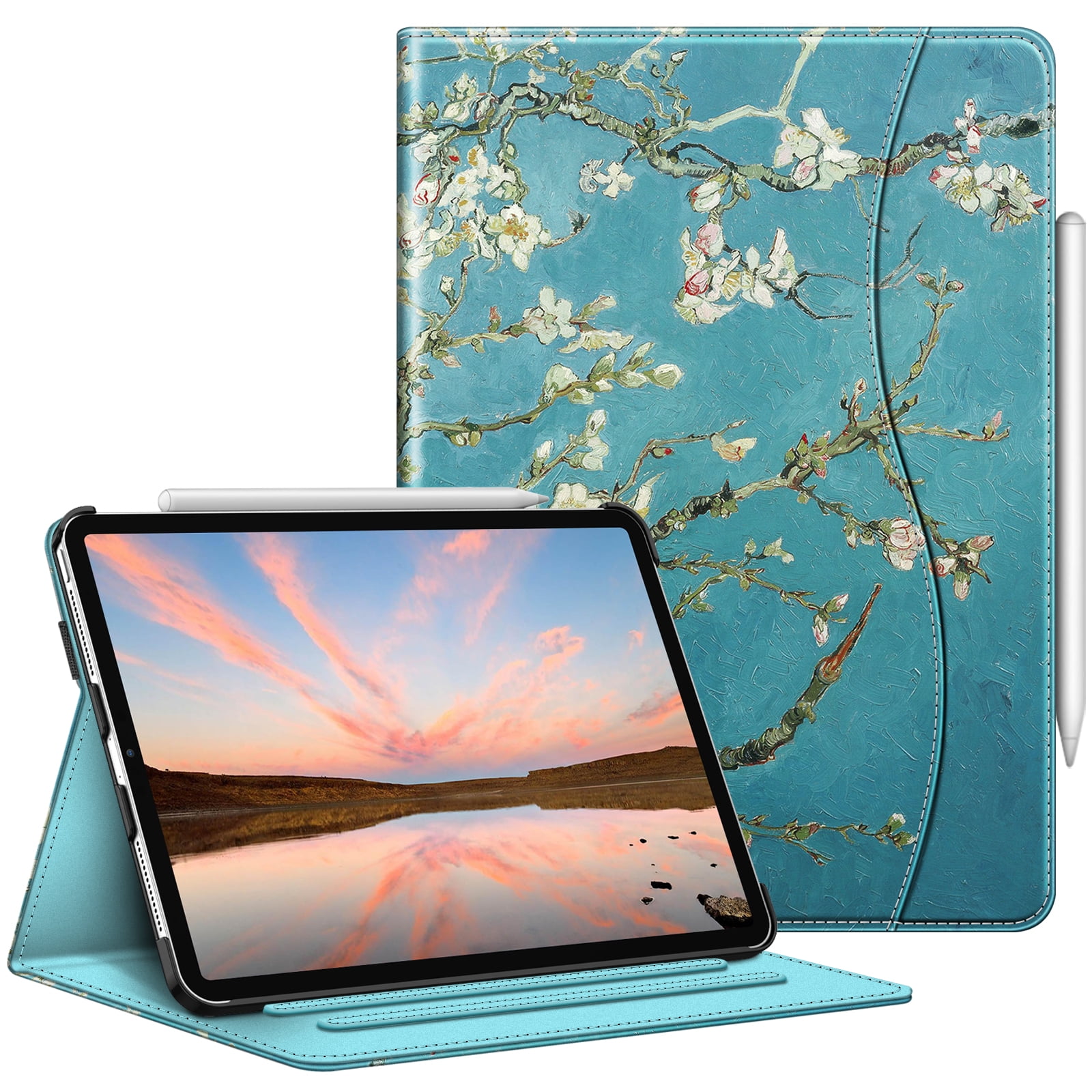 Fintie Folio Case with Pocket for 11 Inch iPad Pro 4th 2022 / 3rd / 2nd / 1st Generation - Protective Multi-Angle Viewing Stand Cover with Pencil Holder [Supports Pencil 2nd Gen Charging], Blossom