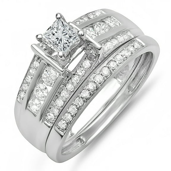 Dazzlingrock Collection 0.75 Carat (ctw) 10K Princess & Round Diamond Ladies Bridal Ring Set 3/4 CT, White Gold, Size 6.5