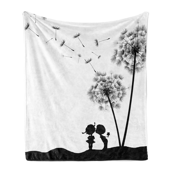 Black and White Soft Flannel Fleece Blanket, Little Boy and Girl Silhouette Under a Dandelion Monochrome Spring, Cozy Plush for Indoor and Outdoor Use, 50" x 70", Charcoal Grey White, by Ambesonne