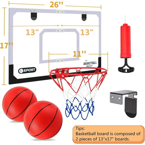Large 26" x 17" Pro Indoor Basketball Hoop Set for Door & Wall with 2 Balls & Accessories