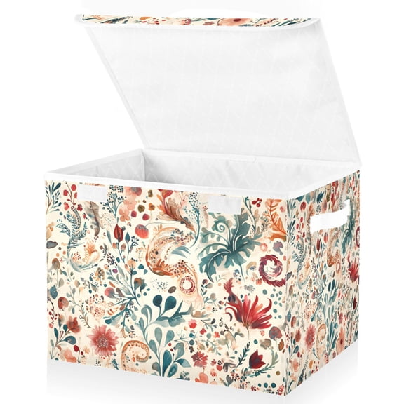 Yayeee Collapsible Cube Storage Bin with Lid Fabric Closet Decorative Basket with Handles, Watercolor Leaves