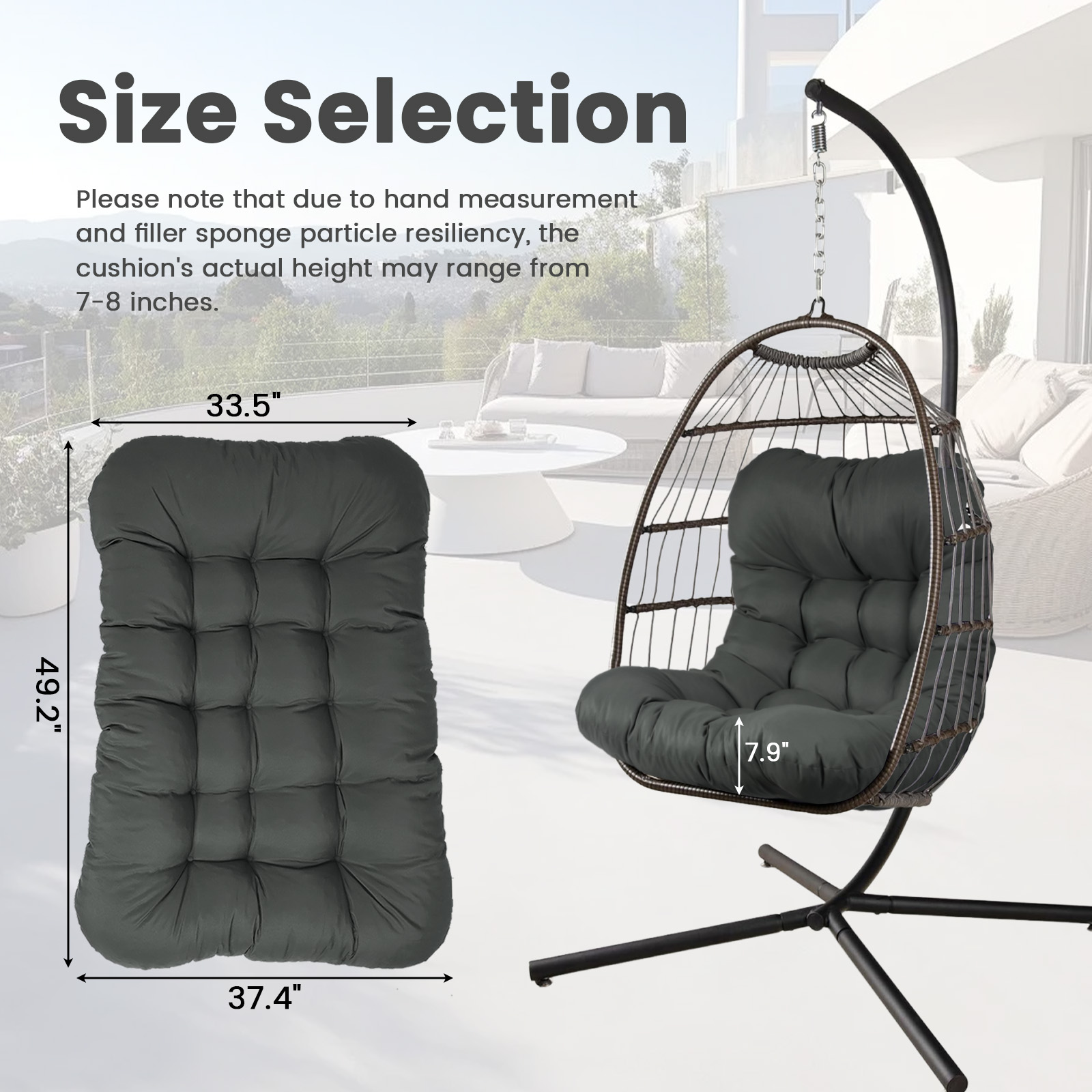 Egg Chair Cushion Replacement, Waterproof Hanging Basket Seat Cushion, U-Shape Swing Chair Cuhsion 37x49 Inches for Indoor Outdoor Patio Porch Furniture (Only Cushion)
