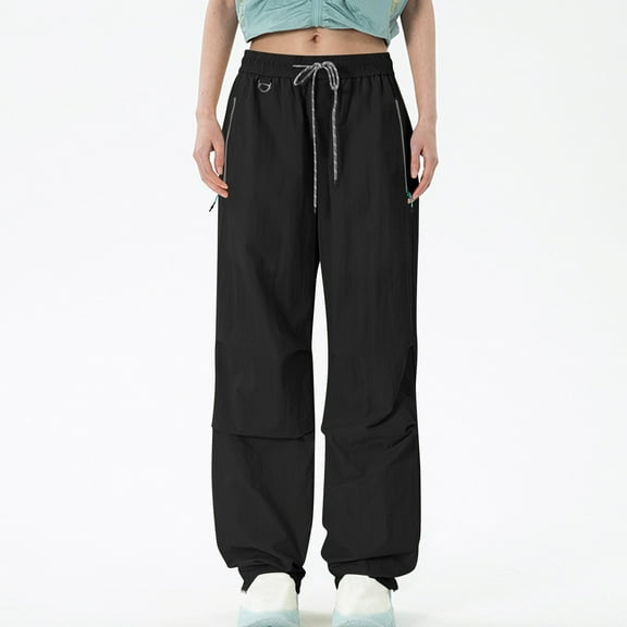 Wyobmus Womens Parachute Pants Lightweight Quick Dry Hiking Pants Water-Resistant Wide Leg Baggy Pants Y2K Elastic Waisted Track Pants A-Black