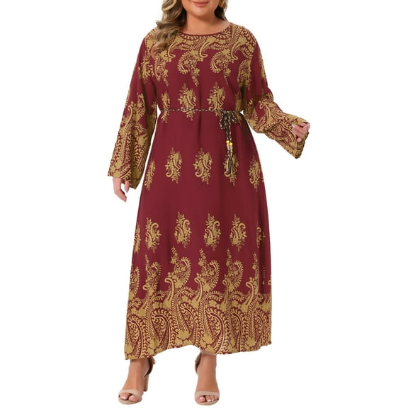 DARING DIVA Plus Size Boho Crew Neck Long Sleeve Belt Flowy Maxi Dress 1X Burgundy