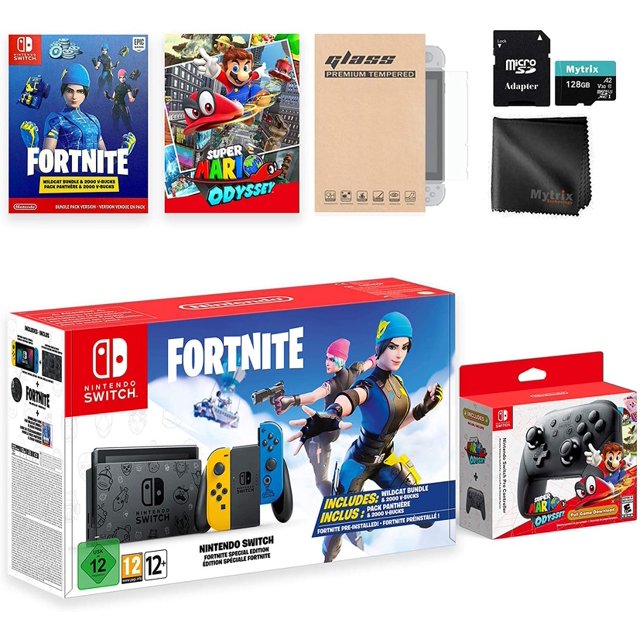 Nintendo Switch Battle Royale FN Wildcat Edition - Epic Outfits and 2000 V-Bucks Included, Super Mario Odyssey Pro Controller and Mytrix Switch Accessories Kit