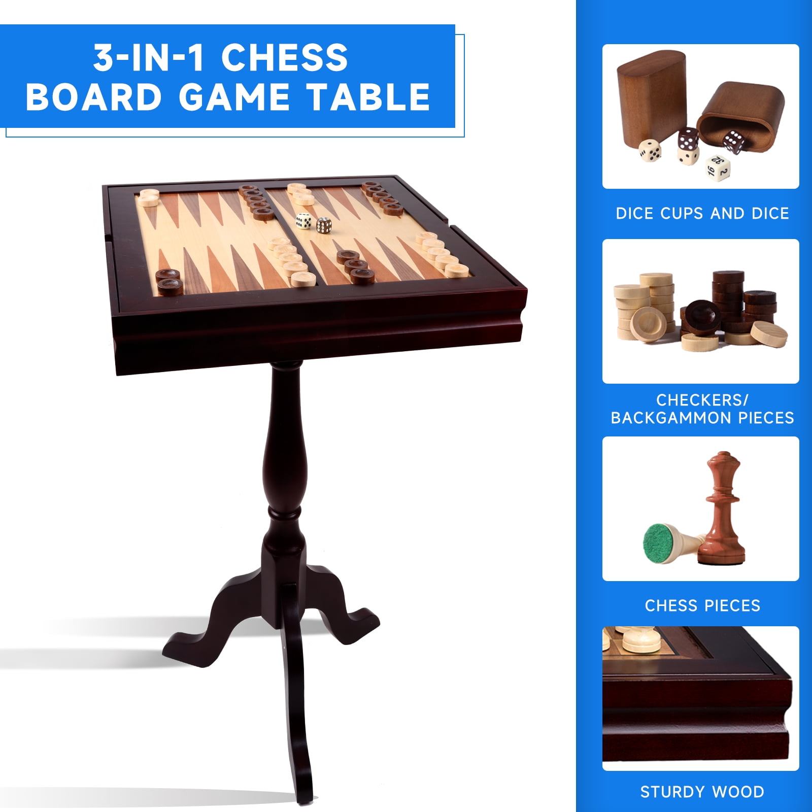GSE Games & Sports Expert 3-in-1 Wooden Chess Checkers Backgammon Table, Tabletop Combo Board Game Set for Home Decoration and Family Board Game