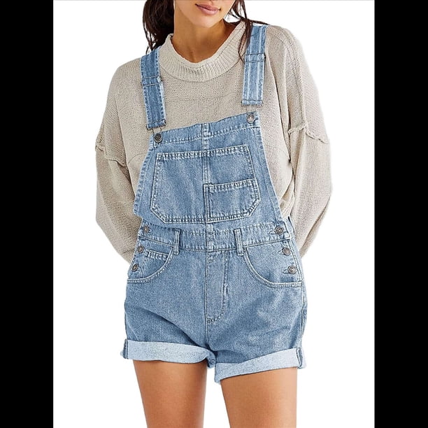 Pantalones Cortos Vaqueros para Mujer, de Verano Informales, Holgados, Ajustables, con Tirantes. Azul XXL