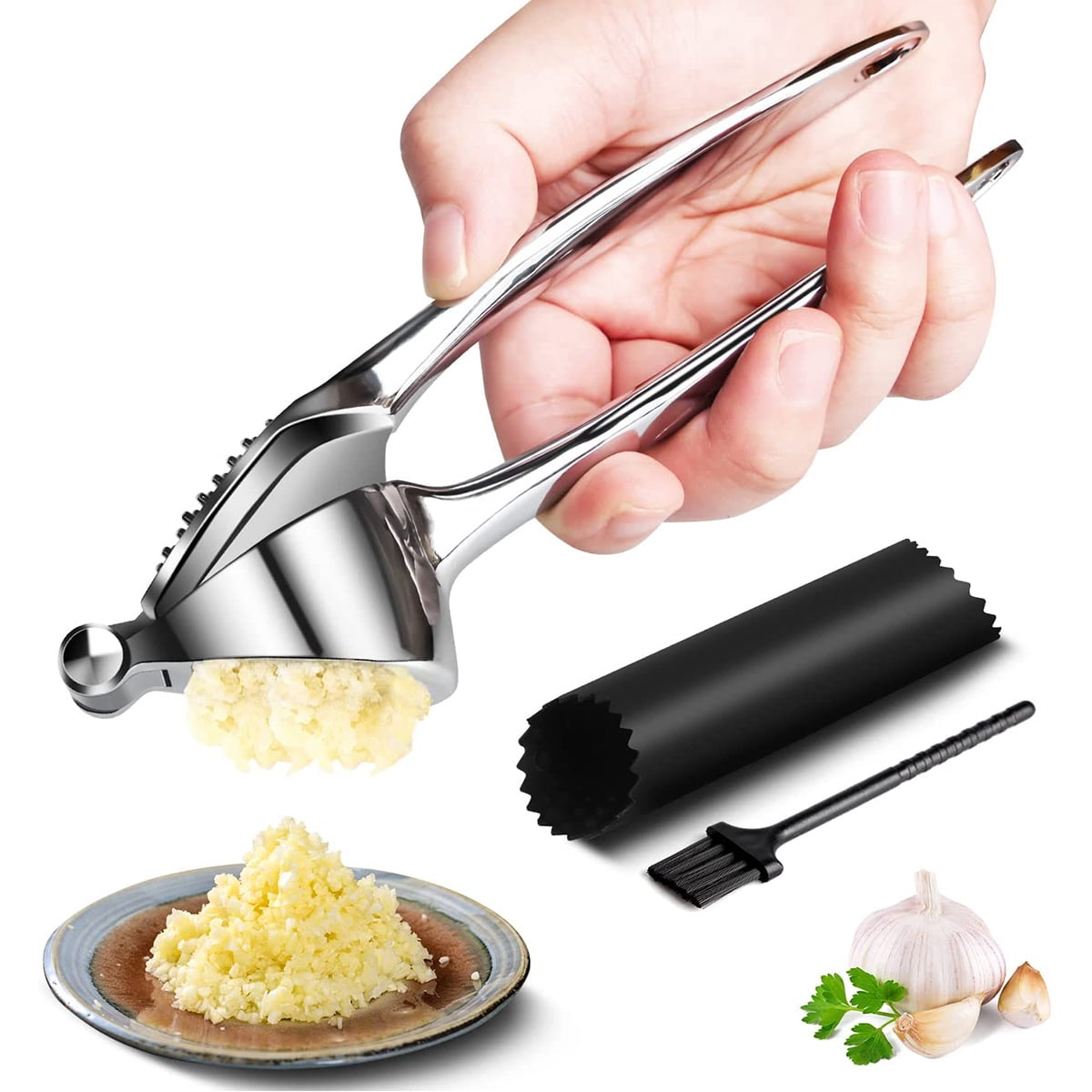 Easy to Clean Garlic Press Mincer Ginger Crusher Peeler Squeezer Heavy Duty Garlic Peeler Set Dishwasher Safe 