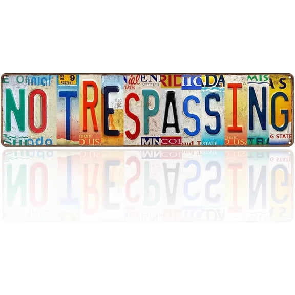 Vintage No Trespassing Sign License Plate Sign Tin Metal Funny No Trespassing Signs Private Property for Outside Bedroom Yard 16x4 In
